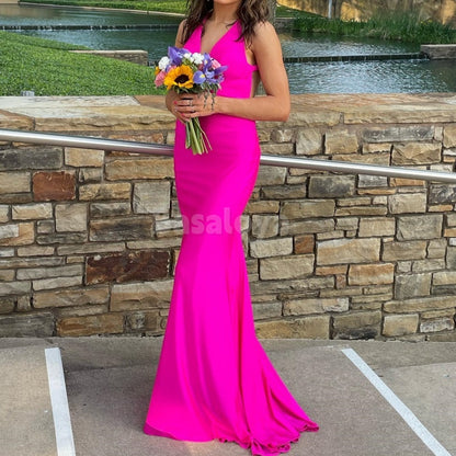 SP0009 Chic Fuchsia Halter V-Neck Mermaid Satin Formal Prom Dress with Train