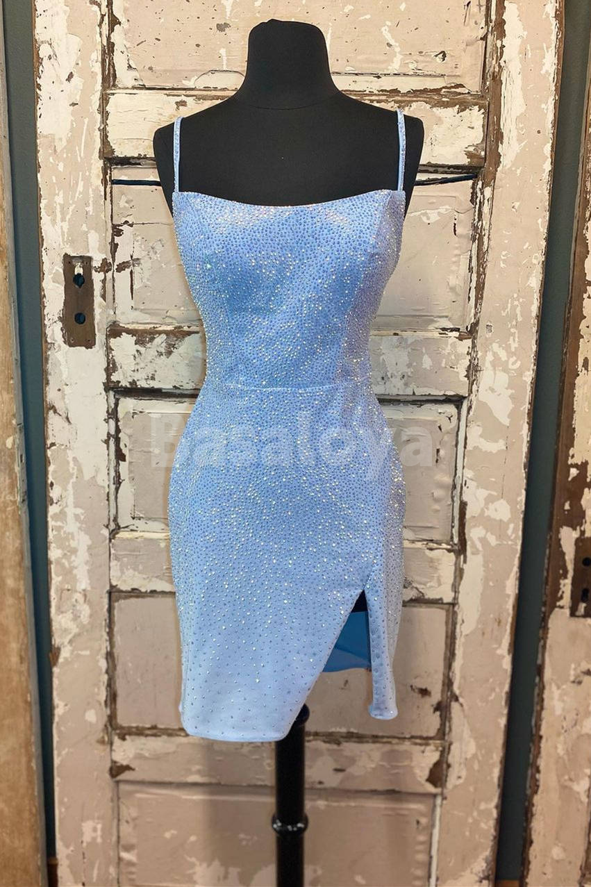 HM0146 Sparkly Beaded Sky Blue Bodycon Short Homecoming Gowns