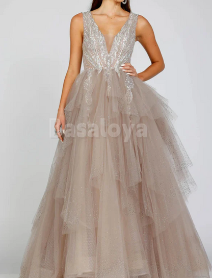 SP0135 Elegant A-Line V-Neck Tiered Ball Gown with Sequin Prom Dress