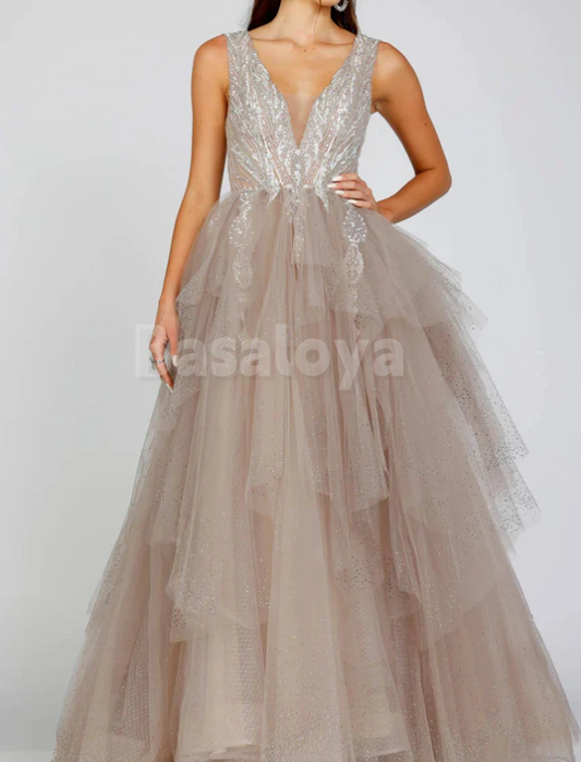 SP0135 Elegant A-Line V-Neck Tiered Ball Gown with Sequin Prom Dress