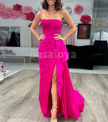 SP0192 Elegant Royal Blue Tube Top Sheath Side Slit Prom Dress with Train