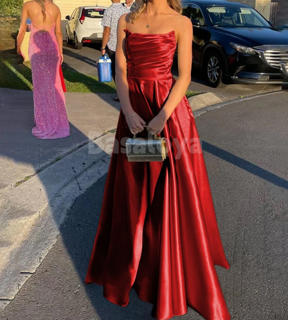 SP0169 Simple Yellow Strapless A-Line Pleated Long Prom Dress Formal Gown