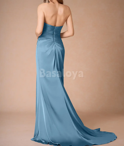 SP0272 Simple Blue Sweetheart Sheath Pleated Formal Prom Dress with Slit