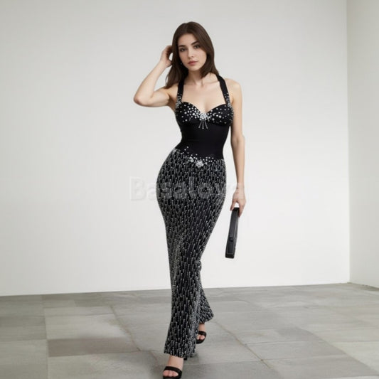 SP0050 Stunning Black Halter Neck Sheath Prom Dress Evening Gown with Pearls