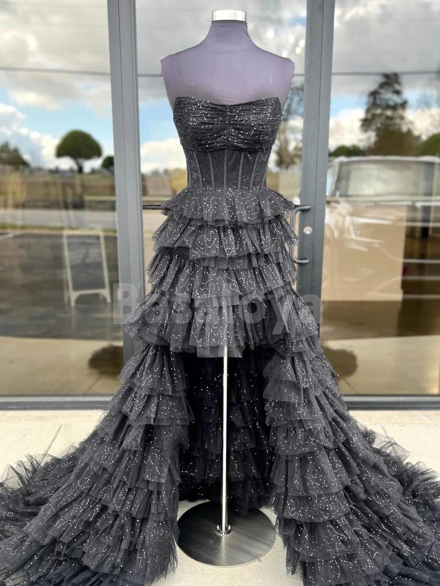 SP0212 Sparkly Black Strapless A-Line Tiered Glitter Evening Prom Dress