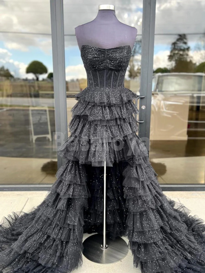 SP0212 Sparkly Black Strapless A-Line Tiered Glitter Evening Prom Dress