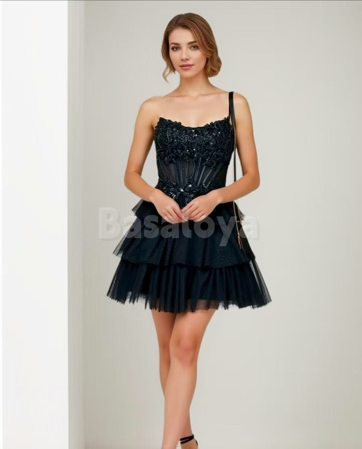 HM0055 Elegant Black Strapless A-Line Glitter Homecoming Dress with Applique