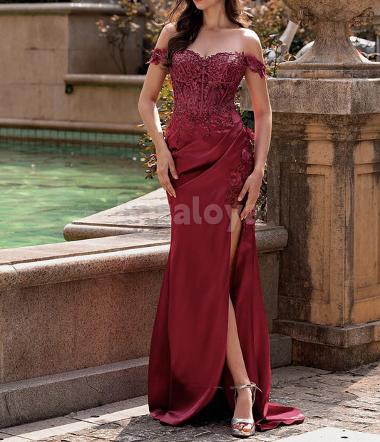 ED0118 Graceful Burgundy Off-Shoulder Sheath Evening Gown with Appliques
