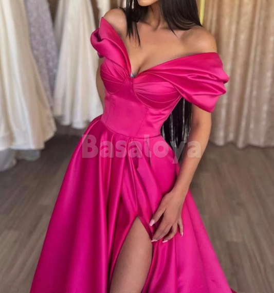 SP0202 Classic Fuchsia Off Shoulder A-Line Satin Prom Party Dress with Slit
