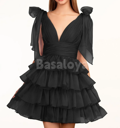 HM0135 Classic Black V-Neck A-Line Tiered Homecoming Gown with Bows