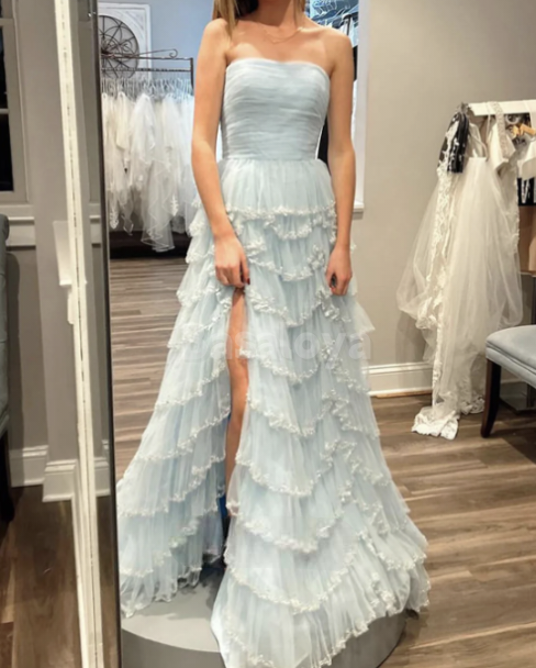 SP0098 Elegant Lavender Strapless A-Line Tiered Lace Prom Party Dress