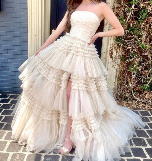 SP0145 Elegant Beige Strapless A-Line Tiered Lace Ball Gown Prom Dress with Slit