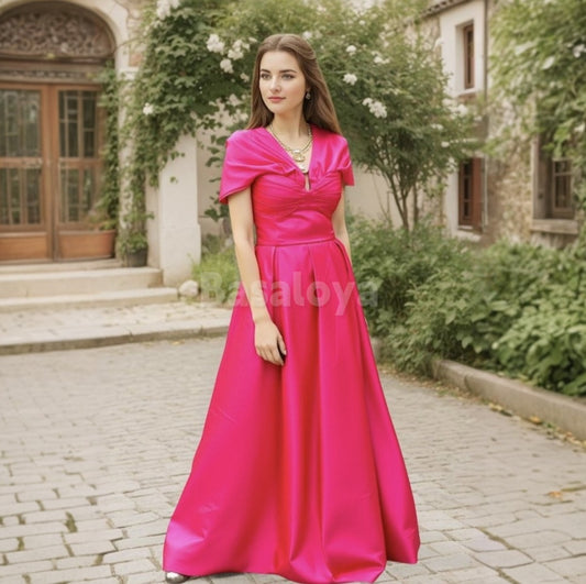 SP0026 Elegant Fuchsia Cap Sleeve A-Line Satin Prom Party Dress