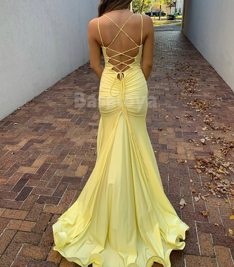 SP0159 Simple Yellow Spaghetti Straps V-Neck Bodycon Lace-Up Prom Dress
