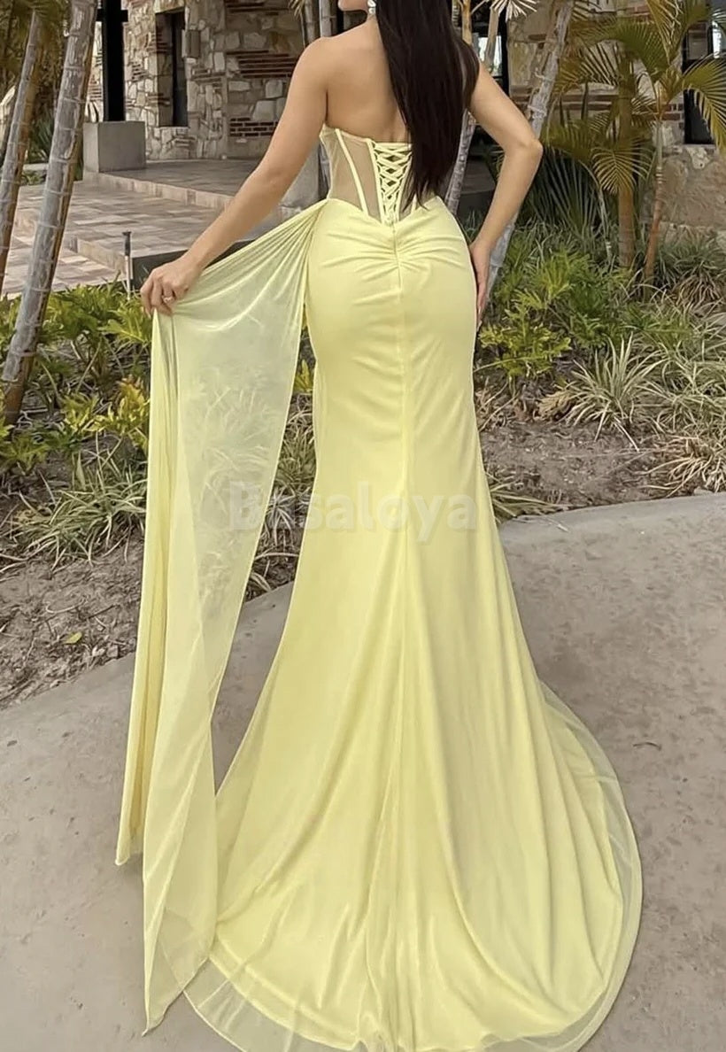 SP0085 Elegant Yellow Sweetheart Sheath Prom Dress with Slit Party Gown