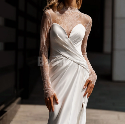 WD0150 Graceful High Neck Long Sleeves Sheath Pleats Wedding Gown with Slit