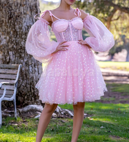 HM0137 Cute Pink Long Sleeves A-Line Knit Mini Homecoming Dress