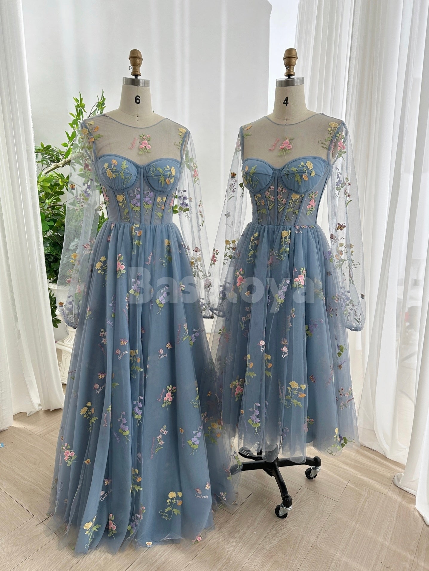 SP0321 Graceful Blue Long Sleeves A-Line Pleated Prom Dress with Floral