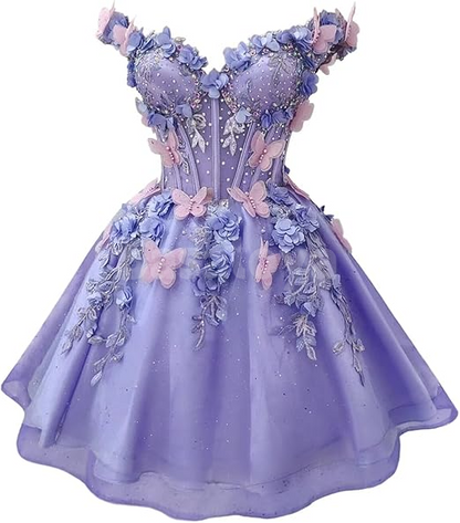 HM0158 Luxury 3D Floral Sage Off-Shoulder A-Line Short Beads Homecoming Dress