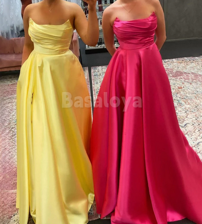 SP0169 Simple Yellow Strapless A-Line Pleated Long Prom Dress Formal Gown