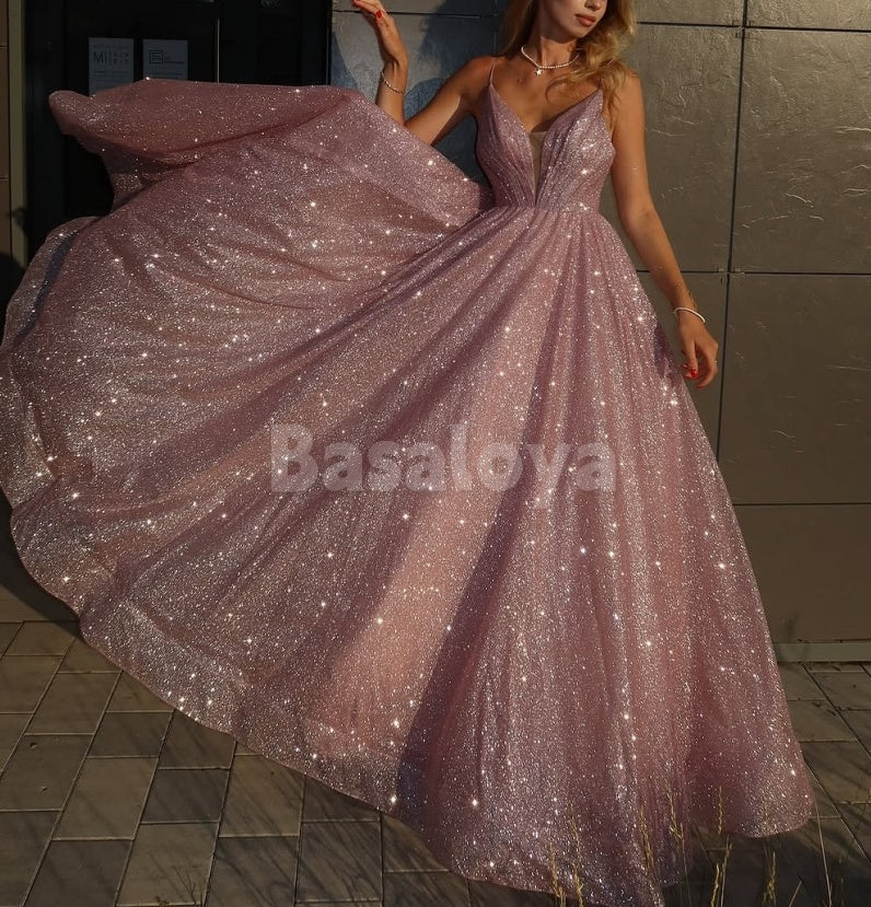 SP0304 Stunning Pink Spaghetti Straps A-Line Giltter Knit Party Prom Dress