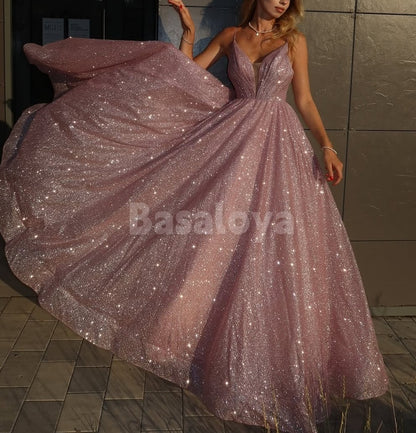 SP0304 Stunning Pink Spaghetti Straps A-Line Giltter Knit Party Prom Dress