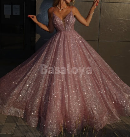 SP0304 Stunning Pink Spaghetti Straps A-Line Giltter Knit Party Prom Dress