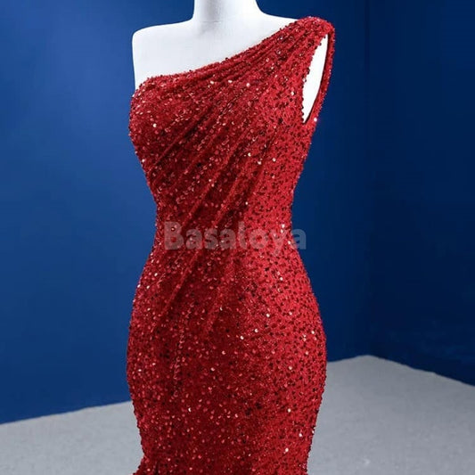 SP0036 Stunning Red One Shoulder Mermaid Sequined Prom Dress