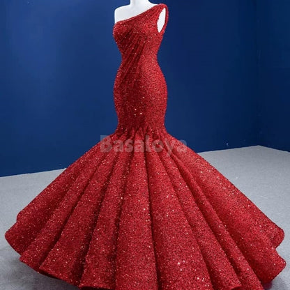SP0036 Stunning Red One Shoulder Mermaid Sequined Prom Dress