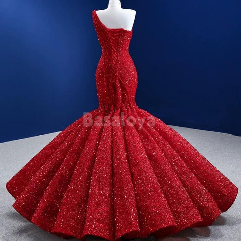 SP0036 Stunning Red One Shoulder Mermaid Sequined Prom Dress