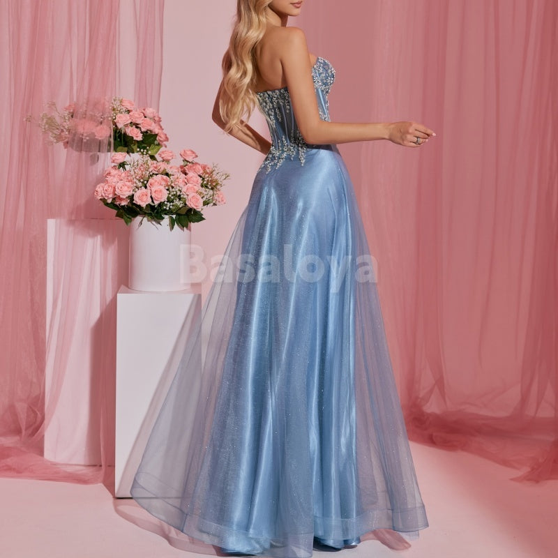 ED0038 Elegant Blue Sweetheart A-Line Beaded Long Evening Dress