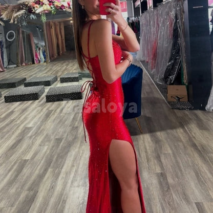 ED0015 Sexy Red V-Neck Sheath Lace-Up Beaded Satin Evening Dress with Slit