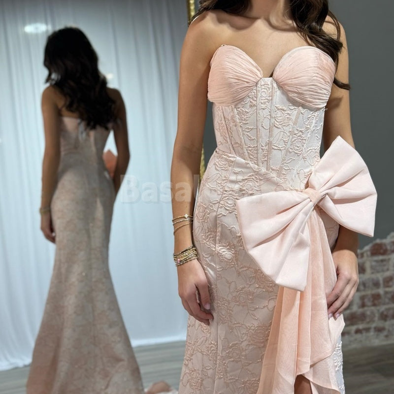 ED0016 Graceful Pink Sweetheart Side Slit Embroidery Satin Evening Dress with Bow