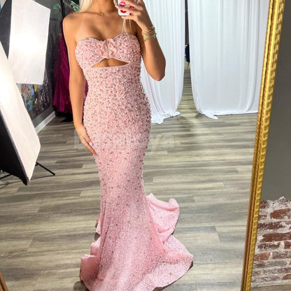 ED0018 Luxury Pink 3D Beaded Floral Sweetheart Mermaid Evening Dress with Pearls