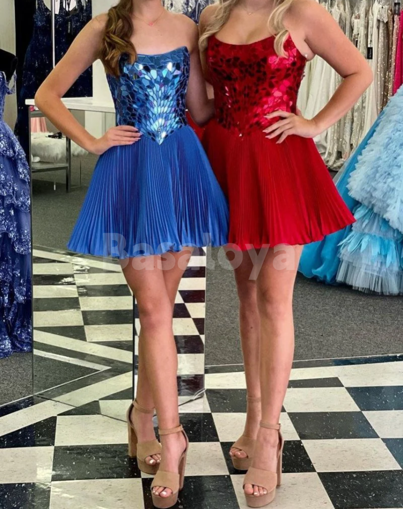 HM0142 Sparkly Beaded Red Strapless A-Line Pleats Homecoming Dress