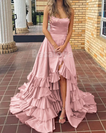 SP0148 Elegant Red Strapless A-Line Tiered Prom Dress with Slit