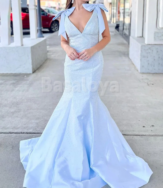 SP0180 Luxury Beaded Yellow V-Neck Mermaid Bow Evening Prom Dress with Train