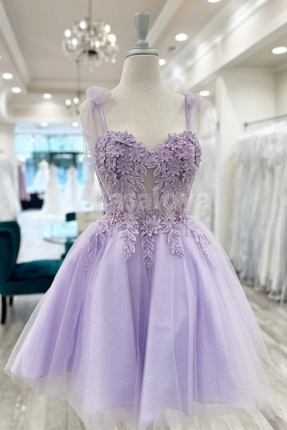 HM0035 Elegant Lavender 3D Floral A-Line Sweetheart Homecoming Dress
