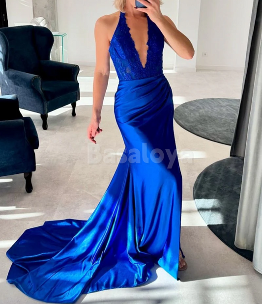 SP0201 Elegant Royal Blue V-Neck Bodycon Satin Evening Prom Dress with Slit