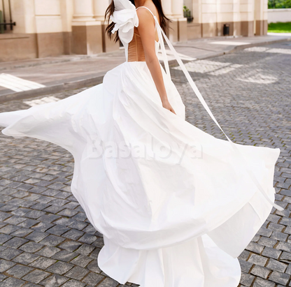 WD0170 Elegant White One Shoulder A-Line Long Wedding Dress with Pleats