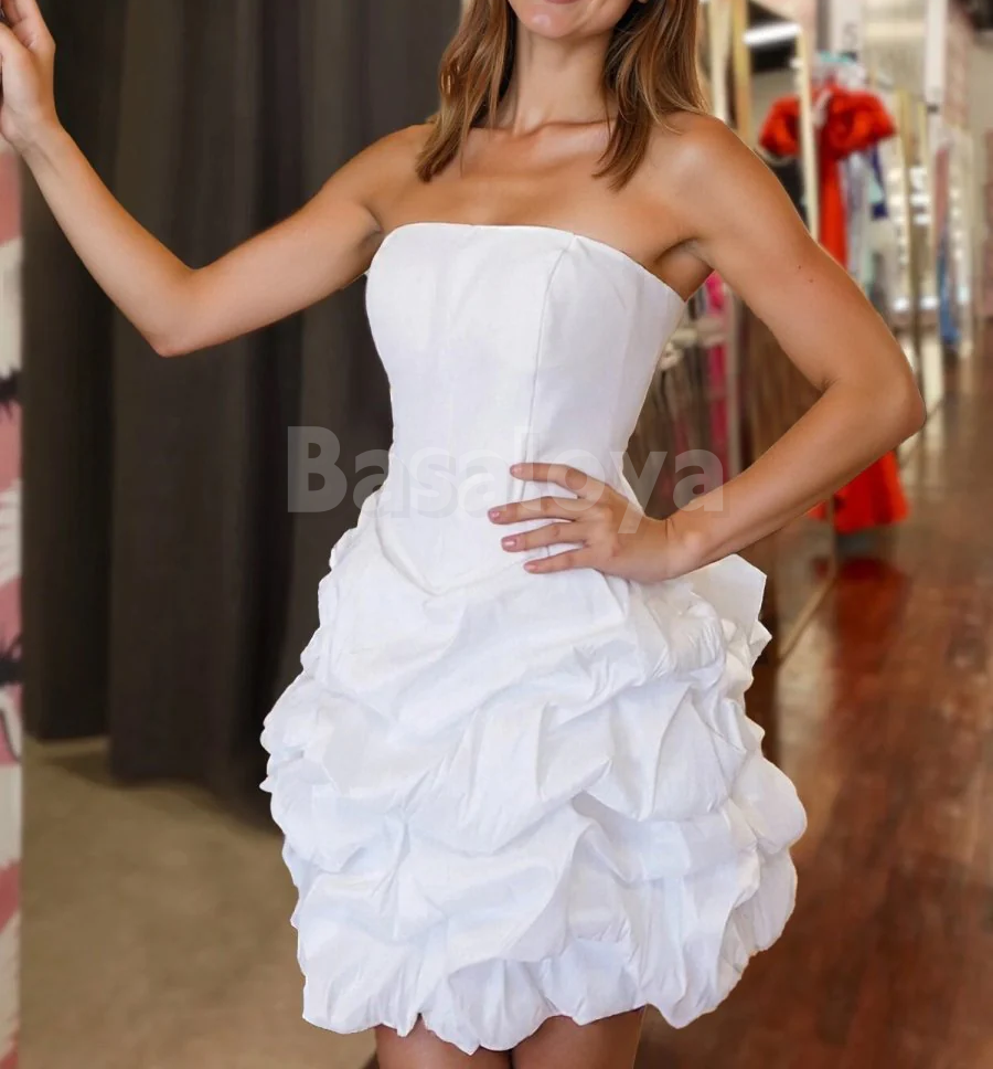 HM0052 Simple White Strapless Ruffles Mini Homecoming Dress with Bow