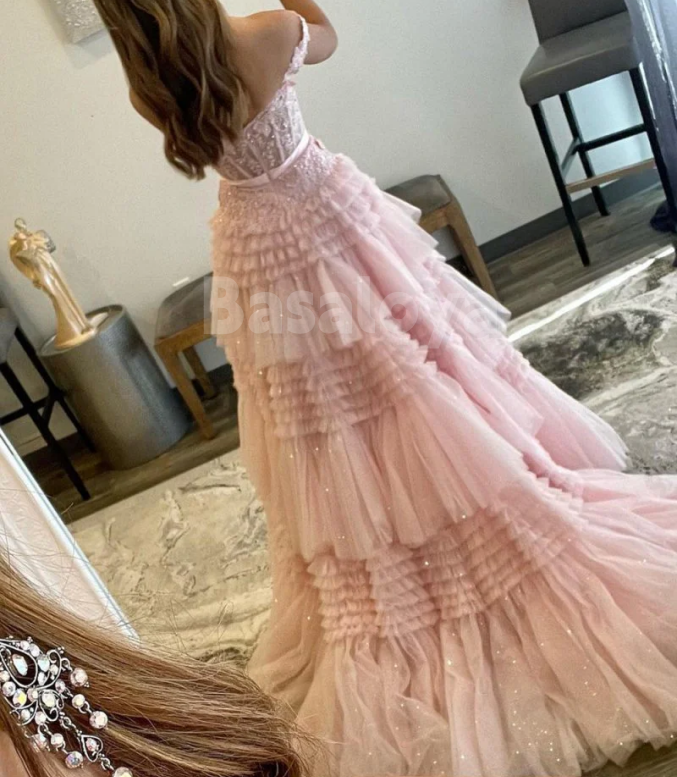 SP0149 Elegant Appliques Pink Off-Shoulder A-Line Tiered Prom Dress with Bow