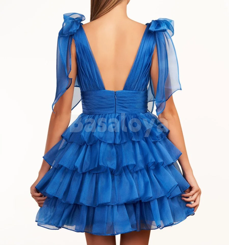 HM0135 Classic Black V-Neck A-Line Tiered Homecoming Gown with Bows