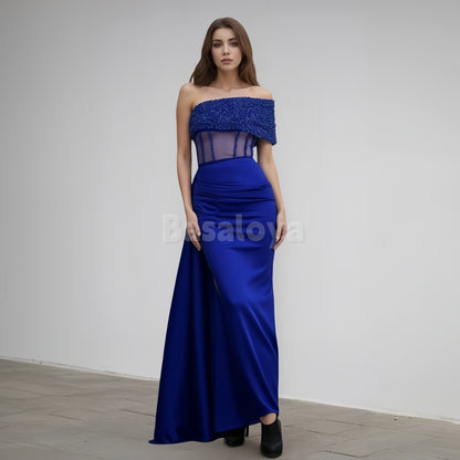 SP0019 Charming Royal Blue Beaded One Shoulder Sheath Satin Prom Dress with Slit