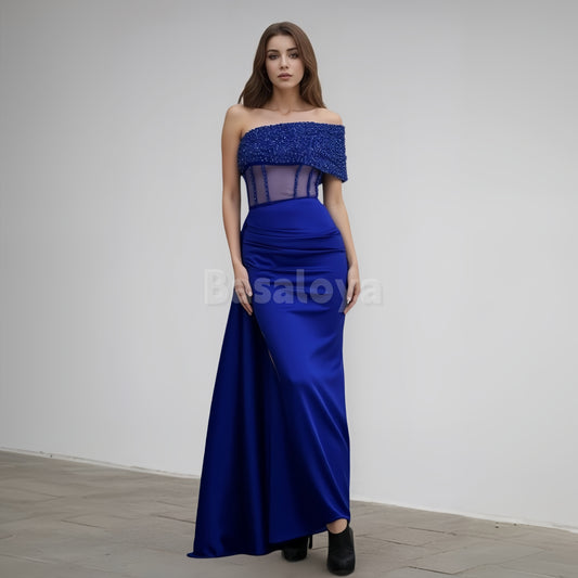 SP0019 Charming Royal Blue Beaded One Shoulder Sheath Satin Prom Dress with Slit