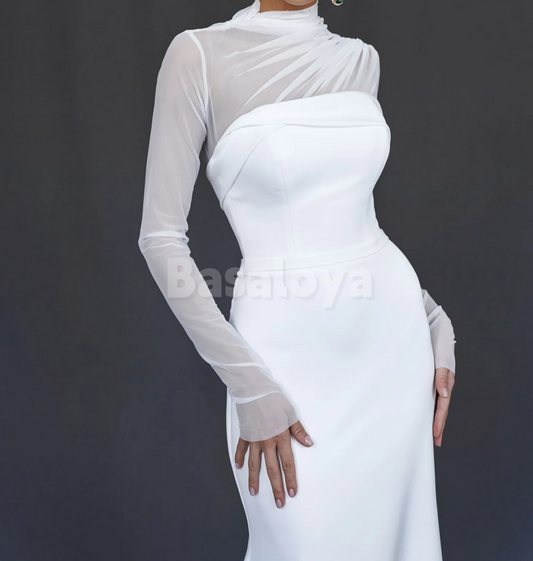 WD0165 Classic White Long Sleeves Mermaid Bridal Wedding Dress with Train