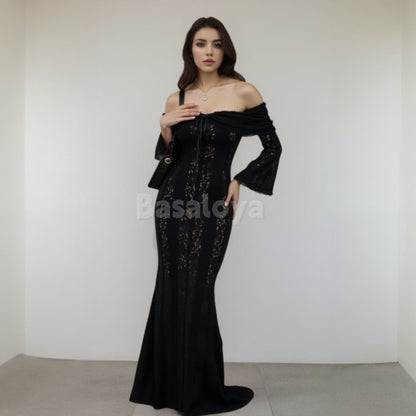 SP0063 Elegant Black Tube Top Long Sleeves Mermaid Lace Formal Prom Dress