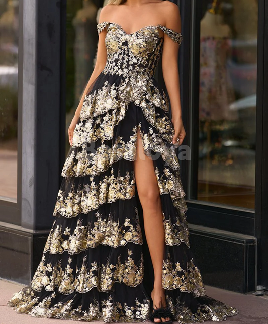 SP0152 Stunning Black Off-Shoulder A-Line Tiered Prom Dress with Gold Applique