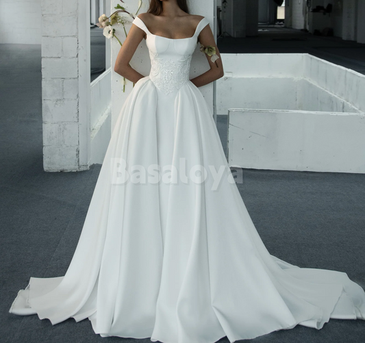WD0162 Elegant White Off-Shoulder A-Line Applique Bridal Wedding Dress