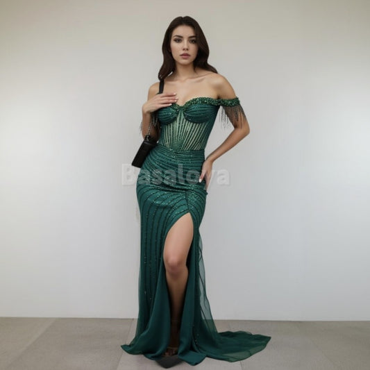 ED0007 Luxury Green Beaded Off-Shoulder High Slit Lace Evening Dress with Tassel